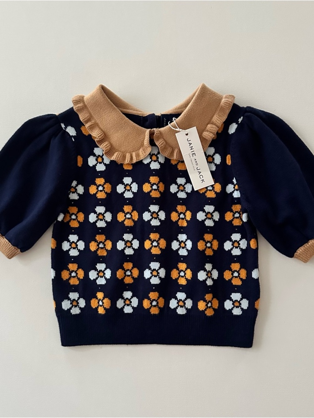Janie and Jack Navy Girls 7 Blue Floral Knit Top with Tan Ruffle Collar NWT